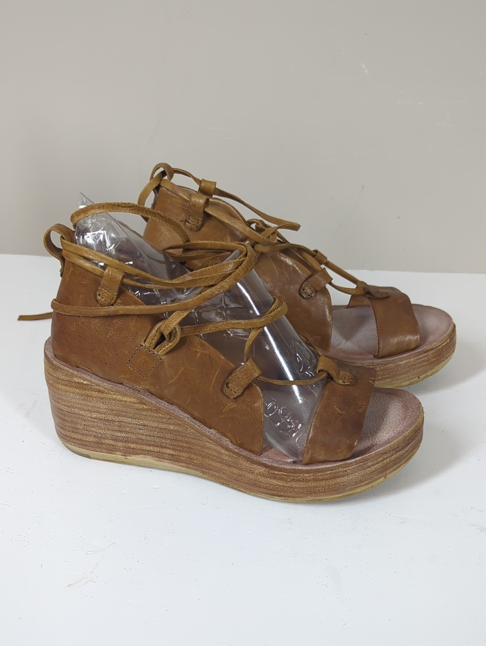 Brown Leather Lace-Up Wedge Sandals A.S. 98 - Brown 7 Gladiator